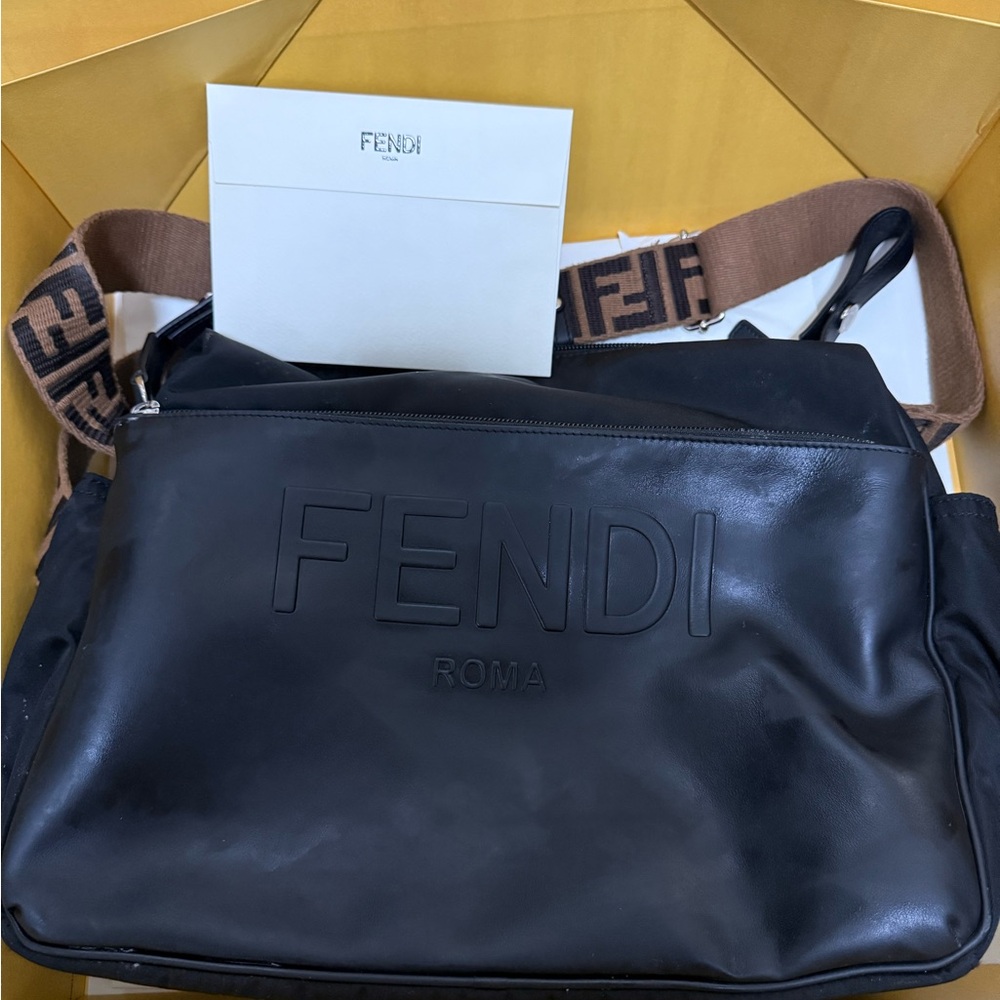 Fendi Black Leather Messenger Bag with FF Monogram Strap